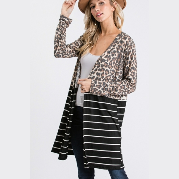 𝅺Leopard and Stripes Black Cardigan - Picture 1 of 5